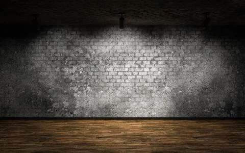 Empty industrial studio interior with concrete brick wall wood floor and spot Stock Illustration