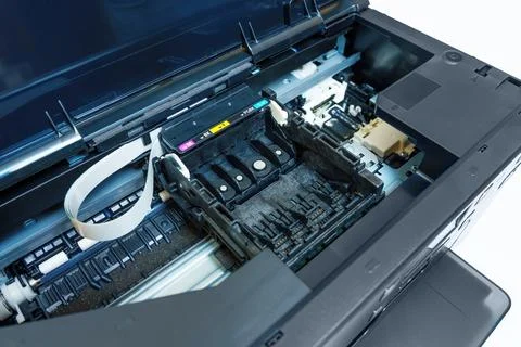 Empty Inkjet Printer Carriage Awaiting Cartridge Installation Stockfoto's