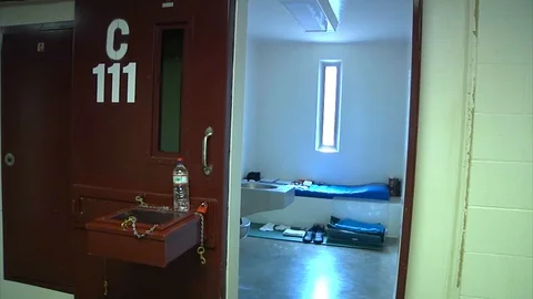 Empty inmate cell blocks are shown at Guantanamo Bay prison, Cuba. Stock Footage