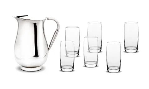 Empty inox pitcher and six glasses for water, isolated on white background Stock Photos