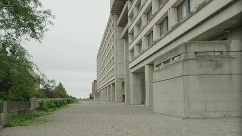 Empty, interesting grey concrete building converging lines, york university Stock Footage 112895373