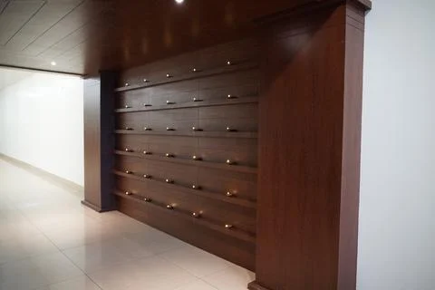 Empty interior background, room with brown wood paneling hardwood wall, many  Stock Photos