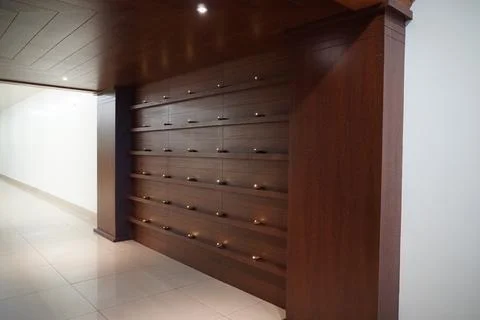 Empty interior background, room with brown wood paneling hardwood wall, many  Stock Photos