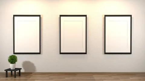 Empty interior background, zen room with plants on low table and frames on em イラスト素材