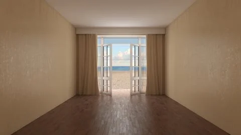 Empty Interior with Beige Curtains and Sea View near the Beach Stock Illustration