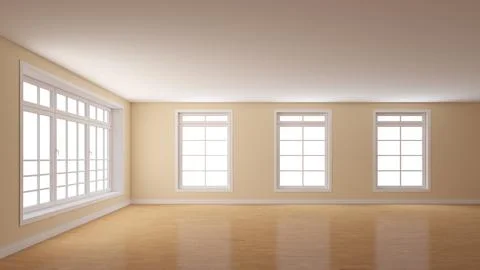 Empty Interior with Beige Plastered Walls, a Large Window on the Left and Stock Illustration