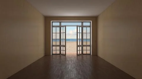 Empty Interior with Beige Plastered Walls, Dark Parquet Floor and Open Doors Stock Illustration