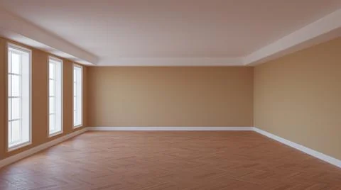 Empty Interior with Beige Walls, Cornice, Three Large Windows, Parquet Floor Stock Illustration