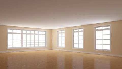Empty Interior with Beige Walls, Four Windows, Light Glossy Parquet Floor and a Stock Illustration