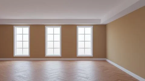Empty Interior with Beige Walls, White Ceiling and Conrnice, Three Large Windows Illustrazione stock