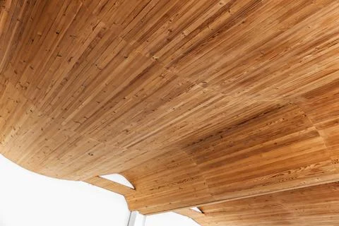 Empty interior with bent ceiling made of wooden planks, parametric architectu Stock Photos