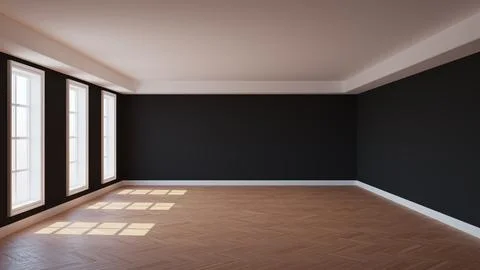 Empty Interior with Black Stucco Walls, Three Windows, White Ceiling Cornice Stock Illustration