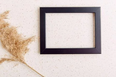 Empty interior black wall frame mockup, minimalist template with cane Stock Photos