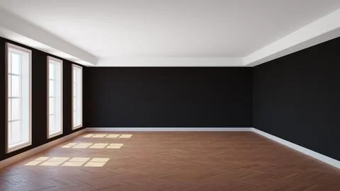Empty Interior with Black Walls, Three Windows, White Ceiling Cornice Stock Illustration