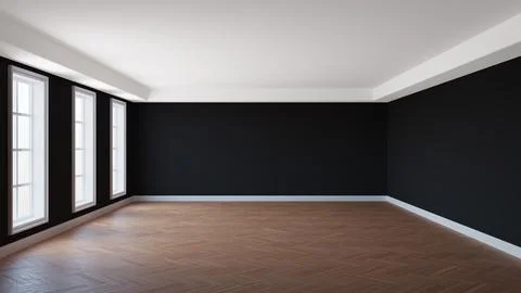 Empty Interior with Black Walls, White Ceiling and Cornice, Three Large Windows Stock Illustration