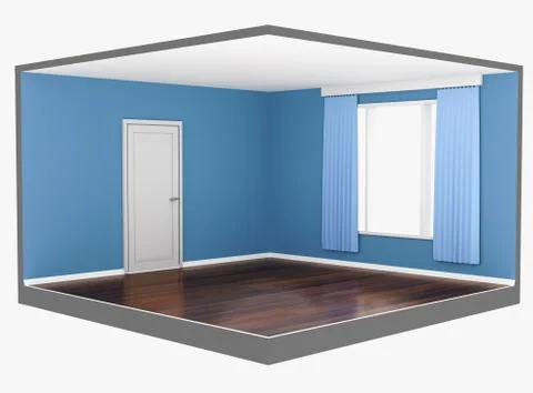 Empty interior of a blue room with a large window and a dark parquet. Stock Illustration
