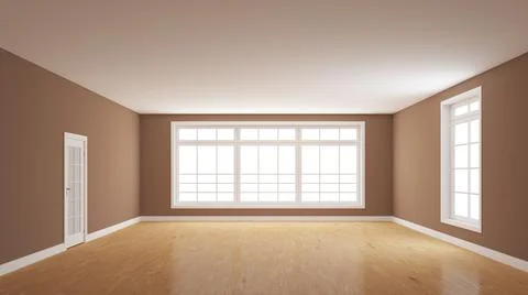 Empty Interior with Brown Walls, Light Parquet Floor, Large Full Wall Window Stock Illustration