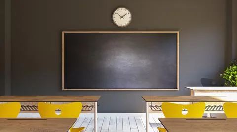 Empty interior of classic school classrooms with black chalk 3D rendering Stock Illustration