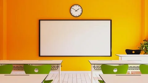 Empty interior of classic school classrooms with white chalk on the yellow wa Stock Illustration
