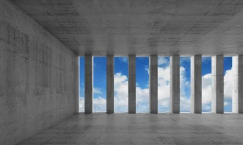 Empty interior, concrete walls and columns, 3d Stock Illustration