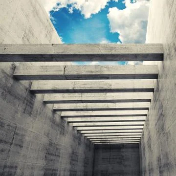 Empty interior with concrete walls, beams and cloudy sky Stock Illustration