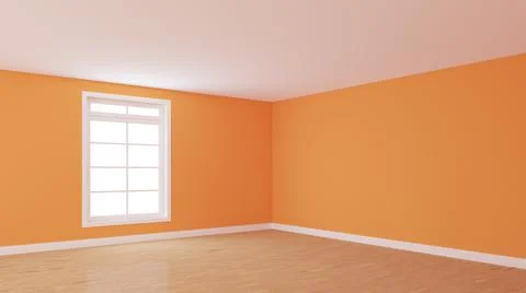 Empty Interior Corner with Bright Orange Walls, White Window and Glossy Parquet Stock Illustration
