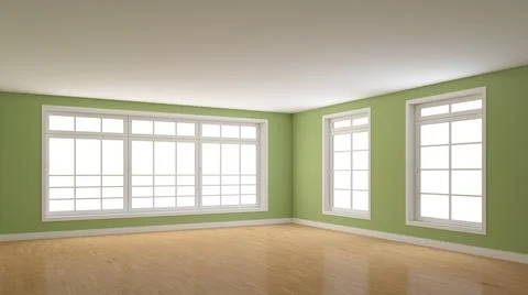 Empty Interior Corner with Green Walls, Three Large White Windows Stock Illustration