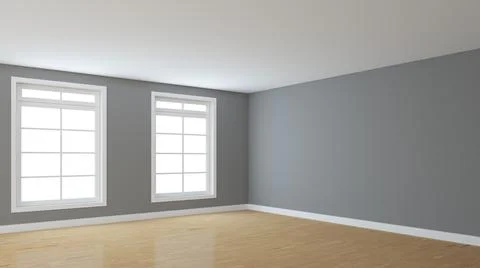 Empty Interior Corner with Grey Walls, Two White Windows, Light Parquet Floor Stock Illustration