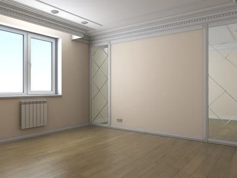 Empty Interior Corner with Plastic Window, Beige Walls and Parquet Floor Stock Illustration