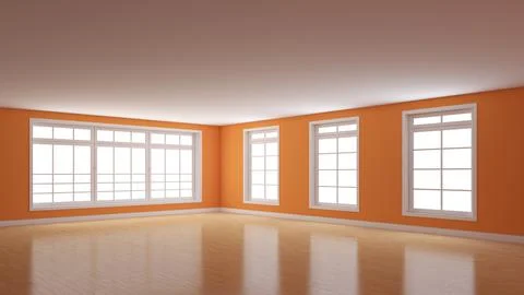 Empty Interior Corner of the Room with Orange Walls, Four Windows, Light Parquet Stock Illustration