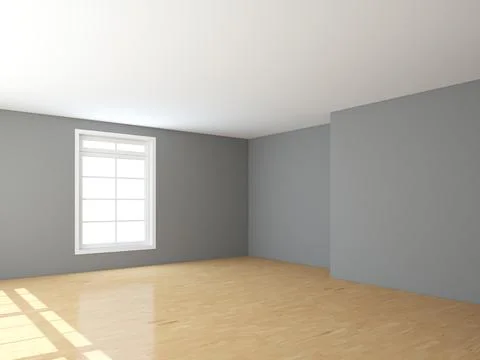 Empty Interior Corner with White Window, Light Glossy Parquet and Gray Walls Stock Illustration