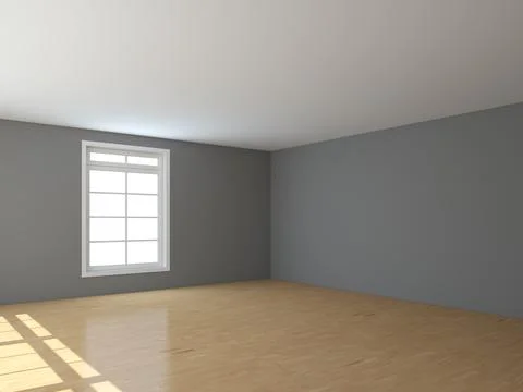 Empty Interior Corner with a White Window, Light Glossy Parquet and Gray Walls Stock Illustration