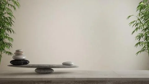 Empty interior design concept, feng shui, zen idea, wooden vintage table or s Illustrazione stock
