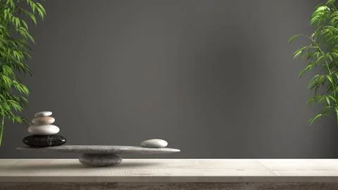 Empty interior design concept, feng shui, zen idea, wooden vintage table or s Illustrazione stock
