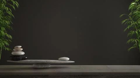 Empty interior design concept, feng shui, zen idea, wooden vintage table or s Stock Illustration