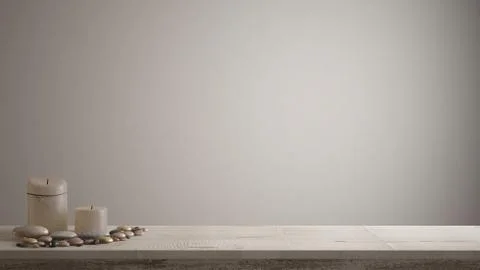 Empty interior design concept, wooden vintage table or shelf with candles and 스톡 일러스트