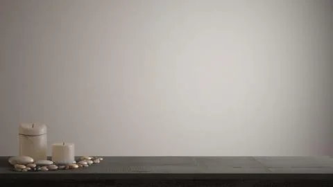 Empty interior design concept, wooden vintage table or shelf with candles and 스톡 일러스트