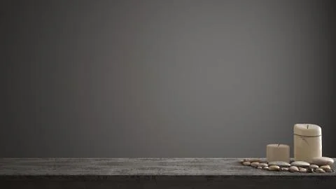 Empty interior design concept, wooden vintage table or shelf with candles and 스톡 일러스트