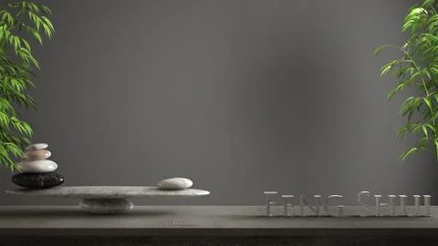 Empty interior design concept zen idea, wooden vintage table or shelf with ma Stock Illustration