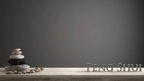 Empty interior design concept zen idea, wooden vintage table or shelf with ma Stock Illustration