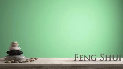 Empty interior design concept zen idea, wooden vintage table or shelf with ma Stock Illustration