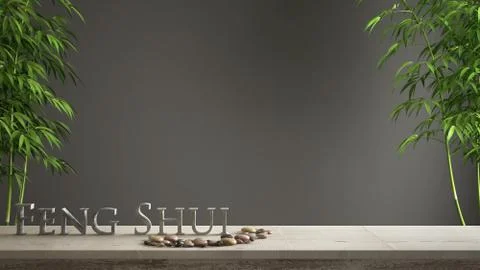 Empty interior design concept zen idea, wooden vintage table or shelf with ma Stock Illustration