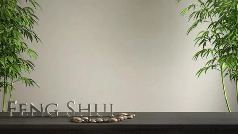 Empty interior design concept zen idea, wooden vintage table or shelf with pe Illustrazione stock