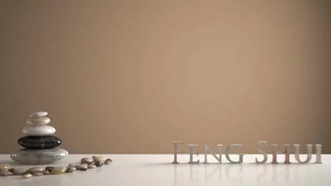 Empty interior design concept zen idea, white table or shelf with pebble bala Illustrazione stock
