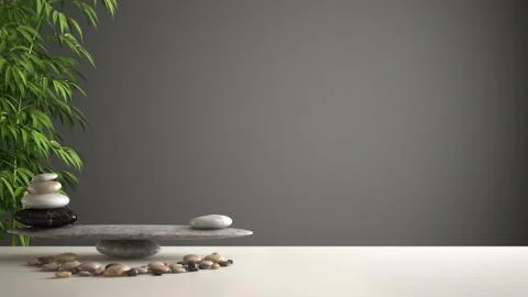 Empty interior design feng shui concept zen idea, white table or shelf with p Illustrazione stock
