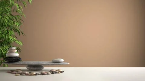 Empty interior design feng shui concept zen idea, white table or shelf with p Stock Illustration