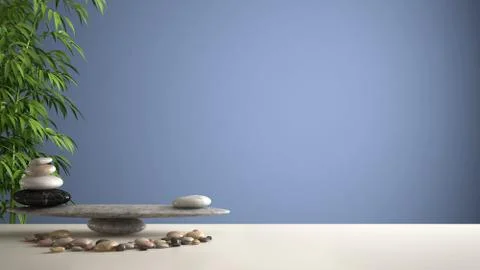 Empty interior design feng shui concept zen idea, white table or shelf with p Illustrazione stock