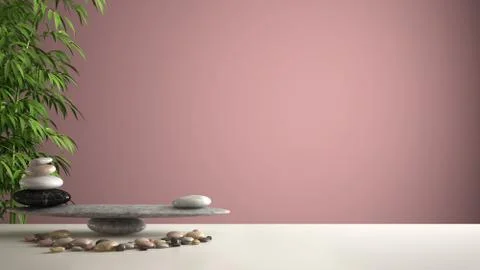Empty interior design feng shui concept zen idea, white table or shelf with p Stockillustratie