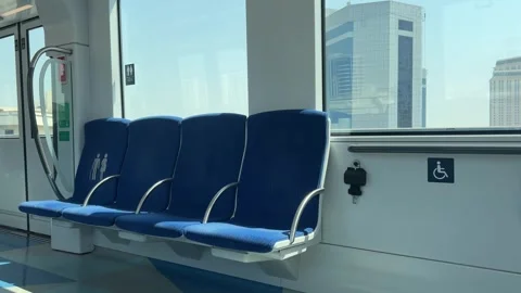 Empty Interior of Dubai Metro Train Cabin with Blue Seats. Concept of moder.. Stock Footage 347203293