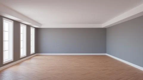 Empty Interior with Grey Walls and Parquet Floor, 3d Rendering Stock Illustration
